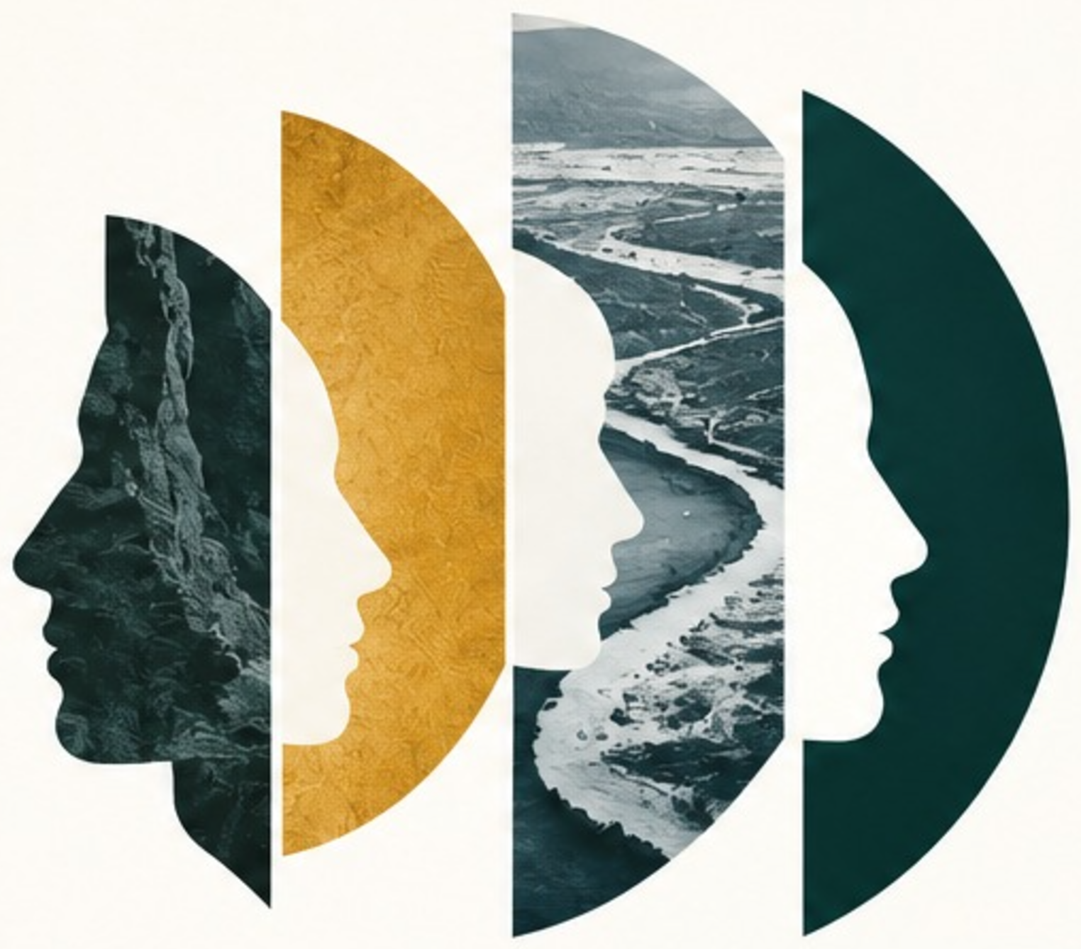 Four profiles rendered in stone, gold, river and solid green